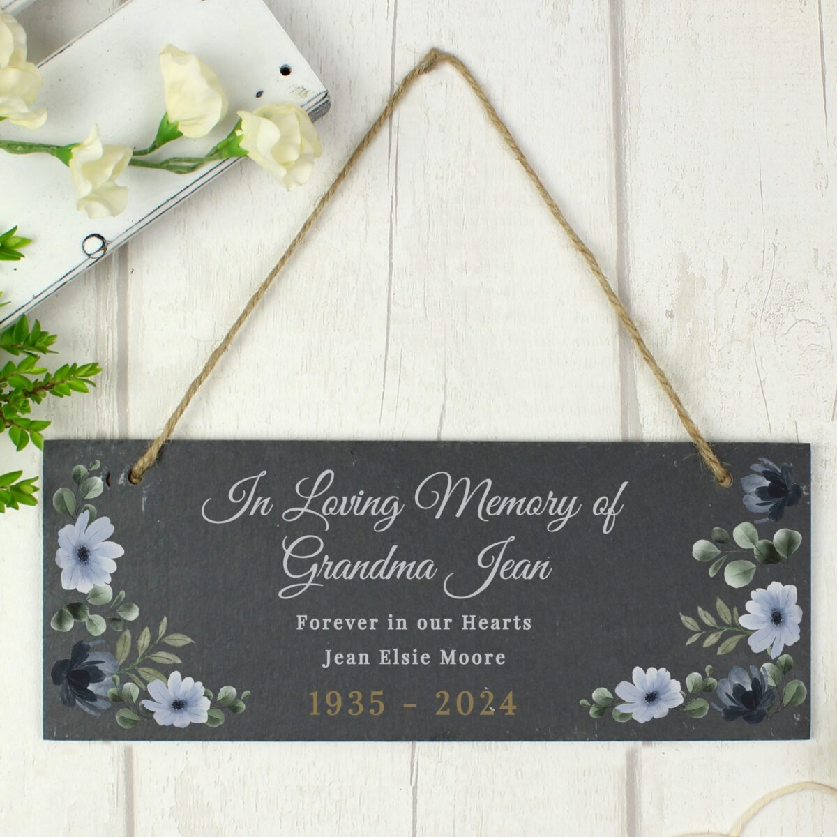 Personalised memorial floral slate hanging ornament