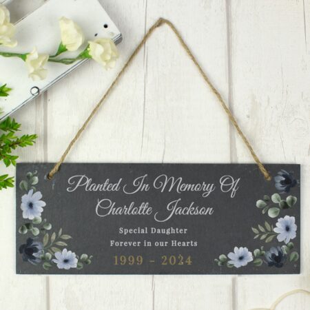 Personalised memorial floral slate hanging ornament