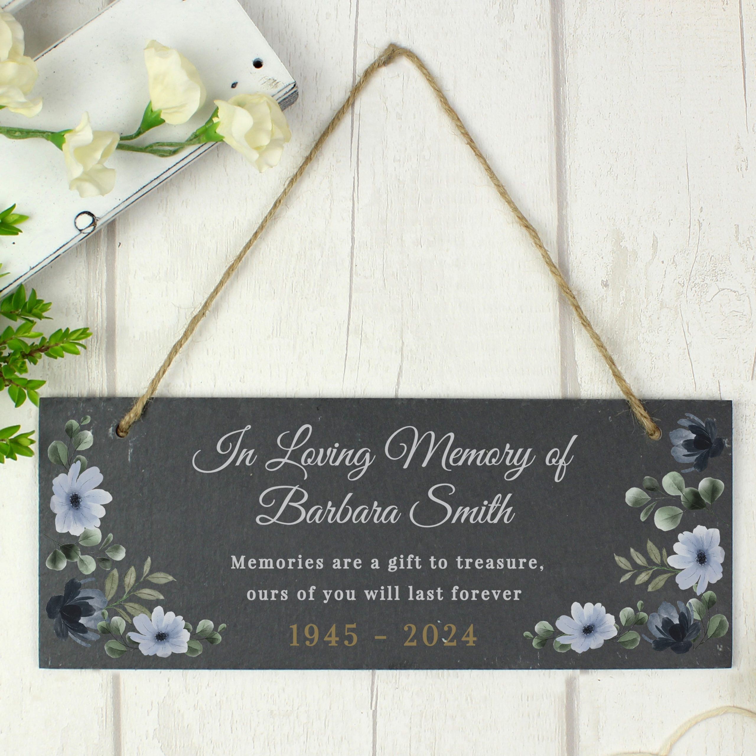Personalised memorial floral slate hanging ornament