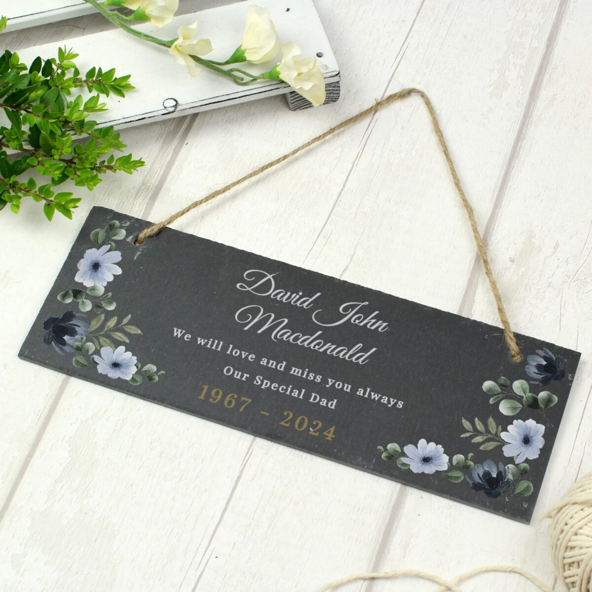 Personalised memorial floral slate hanging ornament