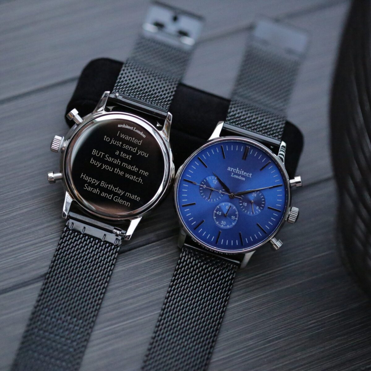 Personalised mens architect motivator blue face black strap