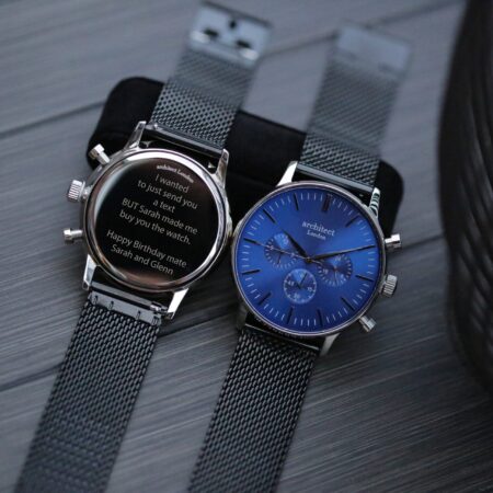 Personalised mens architect motivator blue face black strap