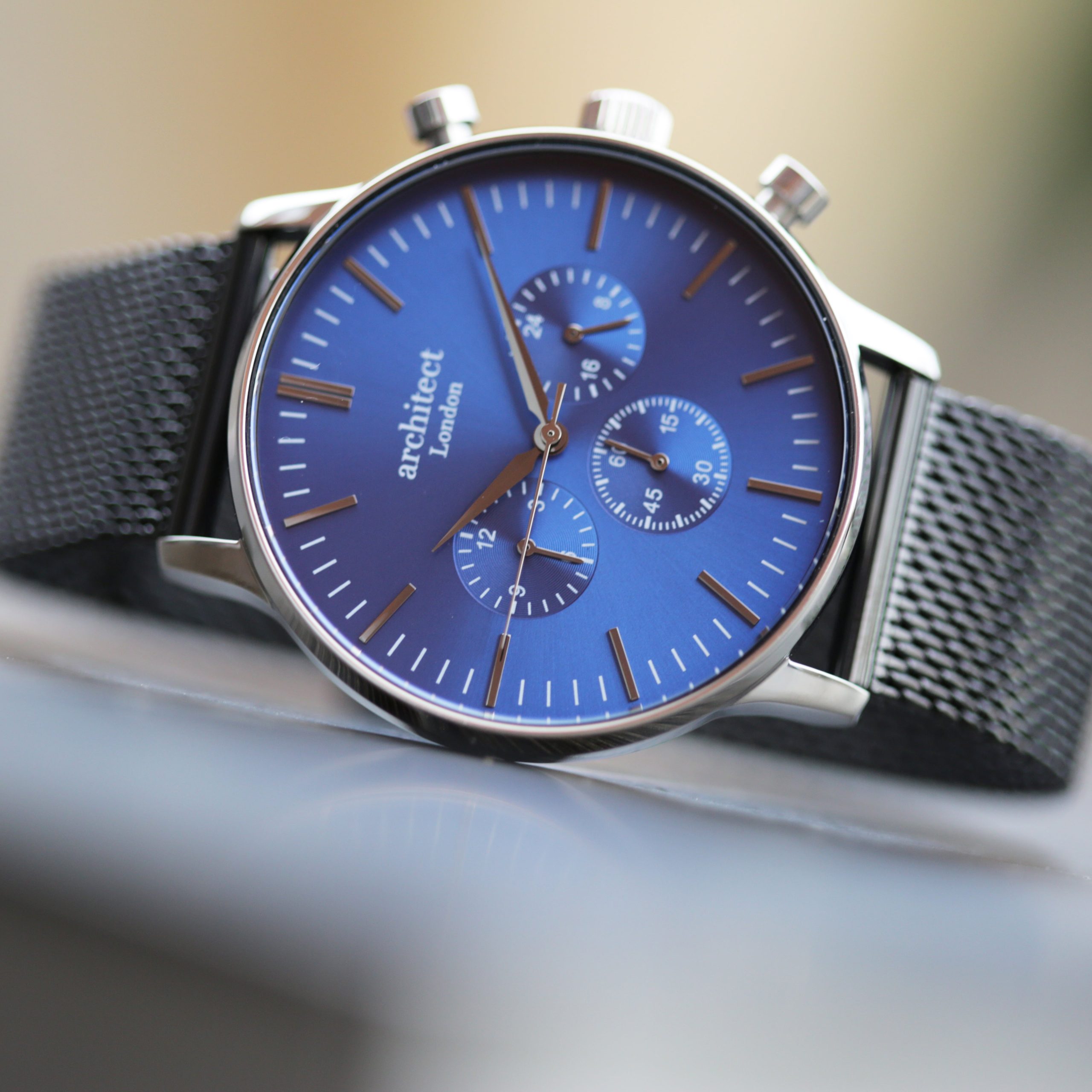 Personalised mens architect motivator blue face black strap