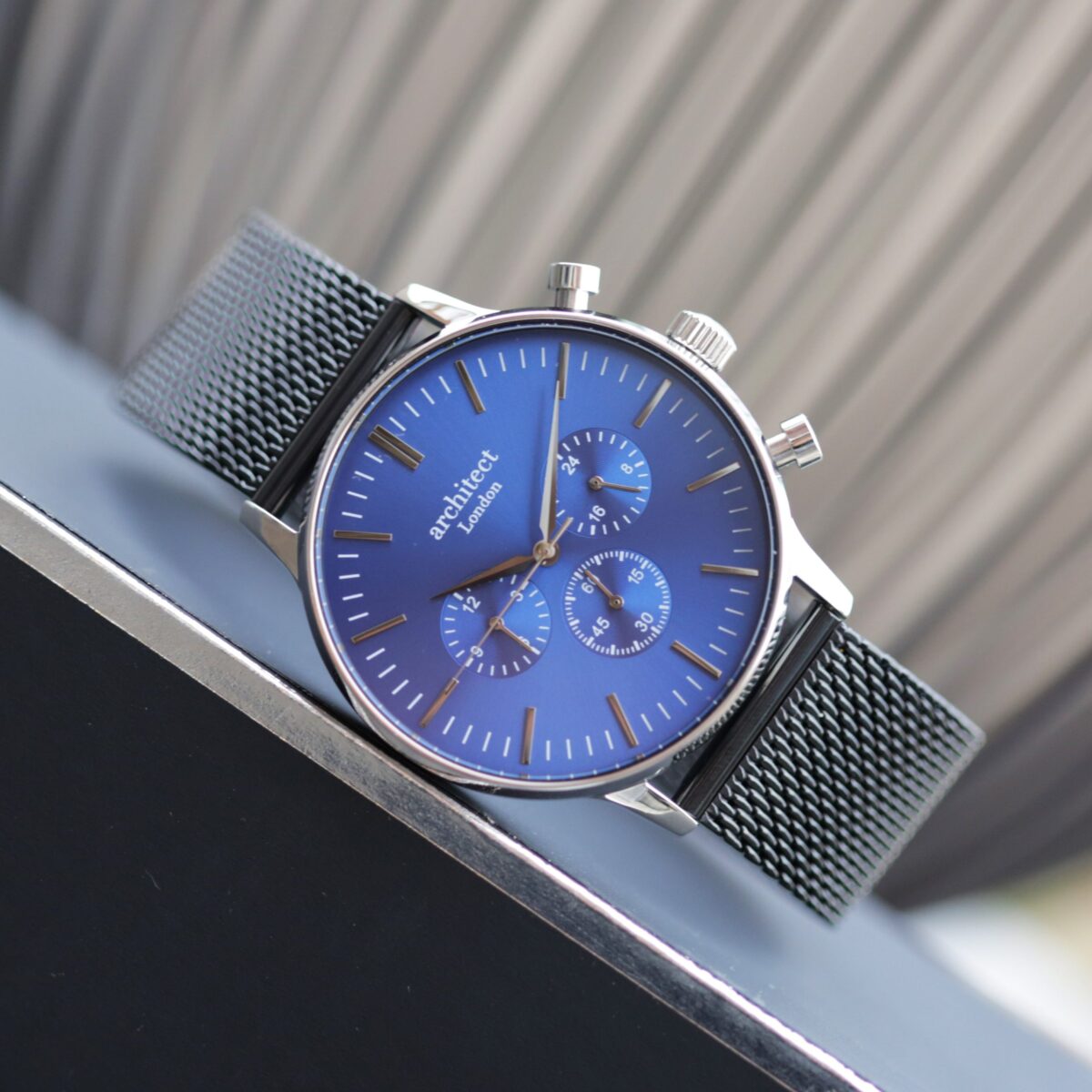 Personalised mens architect motivator blue face black strap
