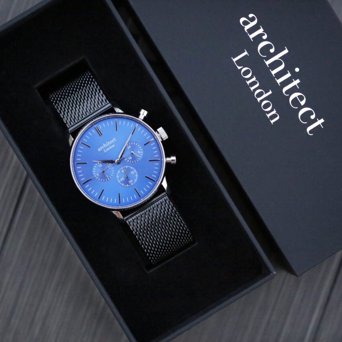 Personalised mens architect motivator blue face black strap