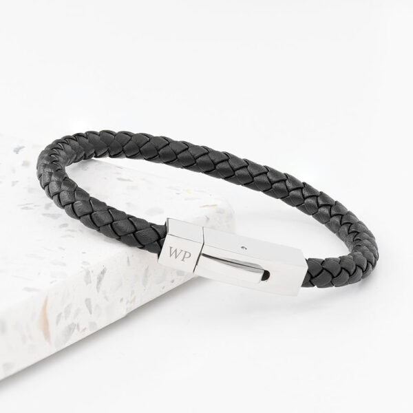 Personalised Men’s Black Leather Bracelet with Tube Clasp: 1 - Bracelets By Gift Moments