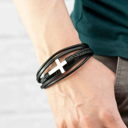Personalised Men’s Black Leather Cross Stacked Bracelet: 4 - Bracelets By Gift Moments