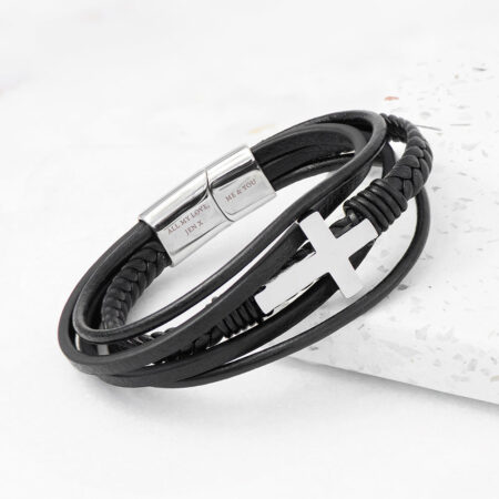 Personalised Men’s Black Leather Cross Stacked Bracelet: 3 - Bracelets By Gift Moments