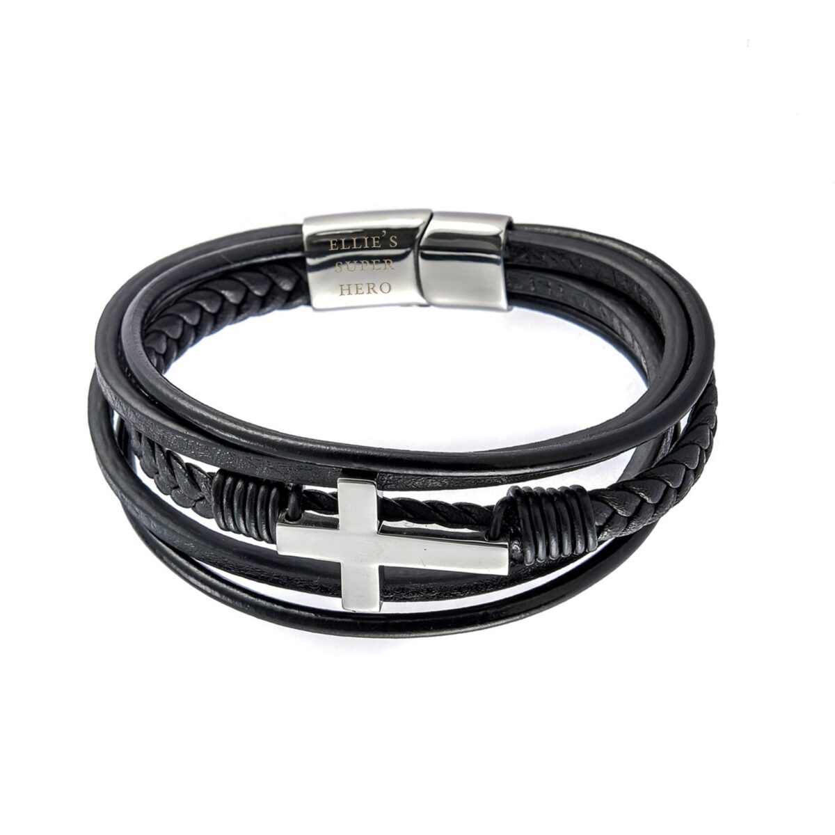 Personalised Men’s Black Leather Cross Stacked Bracelet: 2 - Bracelets By Gift Moments