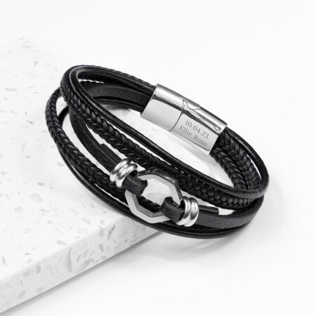 Personalised Men’s Mayfair Leather Bracelet: 2 - Silver - Bracelets By Gift Moments