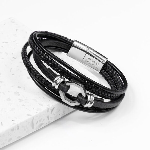 Personalised Men’s Mayfair Leather Bracelet: 2 - Silver - Bracelets By Gift Moments