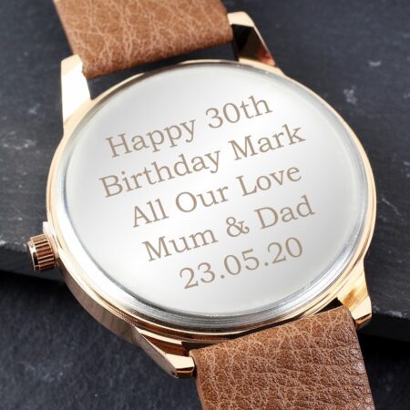 Personalised Mens Rose Gold Tone Watch with Brown Strap and Presentation Box: 4 - Watches By Gift Moments