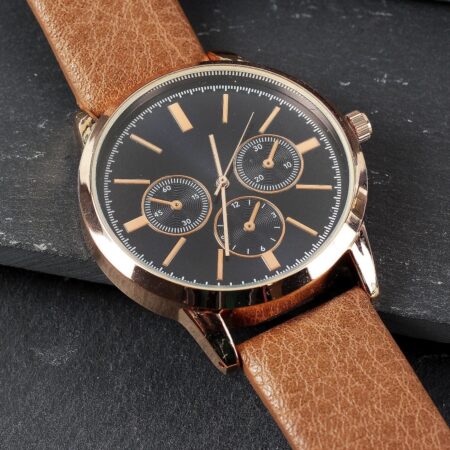 Personalised Mens Rose Gold Tone Watch with Brown Strap and Presentation Box: 3 - Watches By Gift Moments