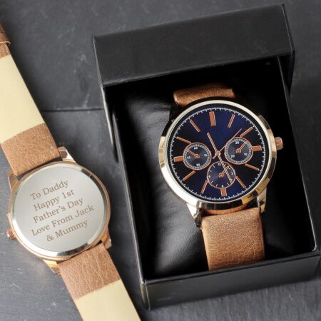 Personalised Mens Rose Gold Tone Watch with Brown Strap and Presentation Box: 1 - Watches By Gift Moments