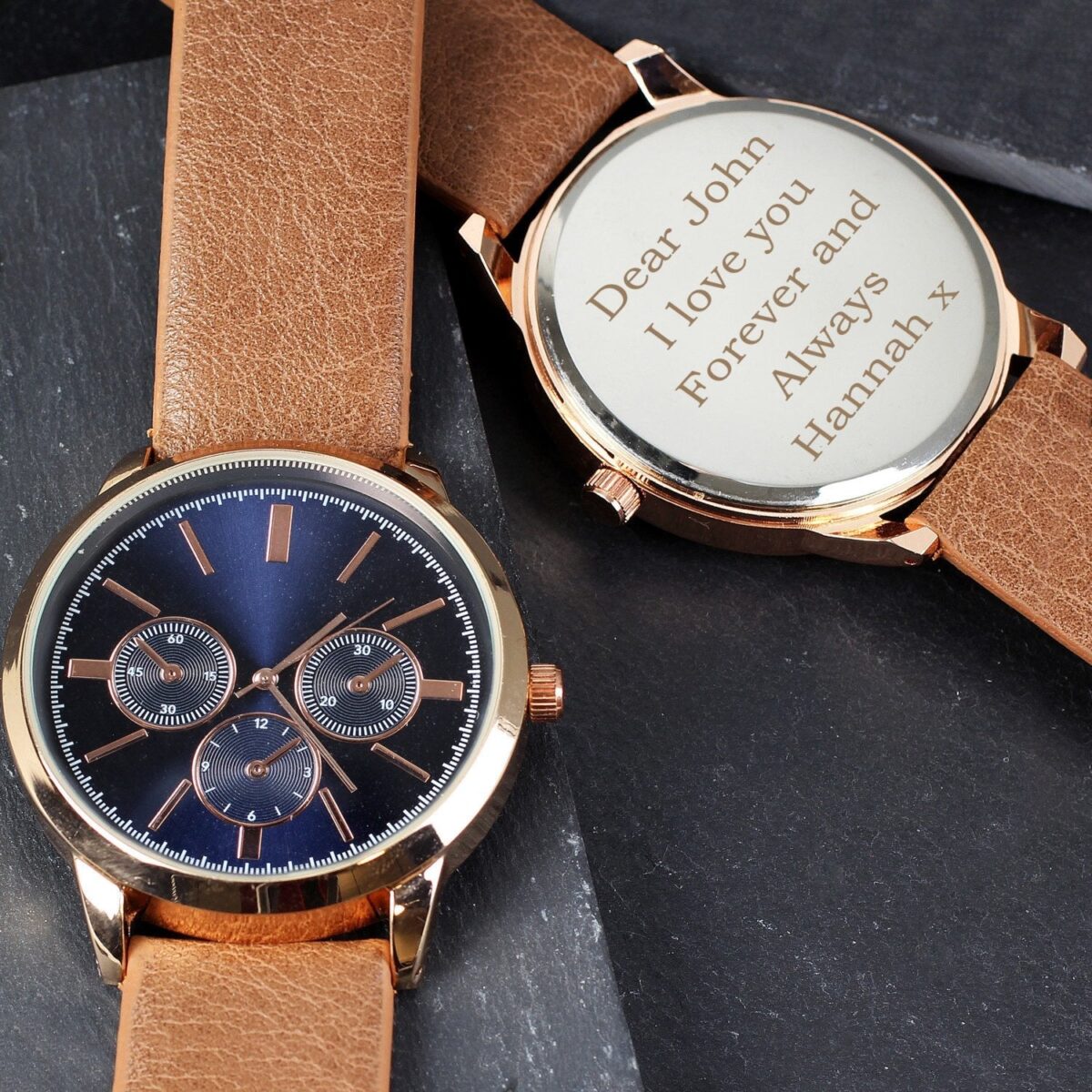Personalised Mens Rose Gold Tone Watch with Brown Strap and Presentation Box: 2 - Watches By Gift Moments