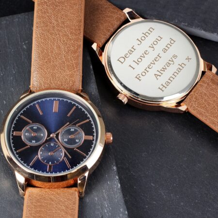 Personalised Mens Rose Gold Tone Watch with Brown Strap and Presentation Box: 2 - Watches By Gift Moments