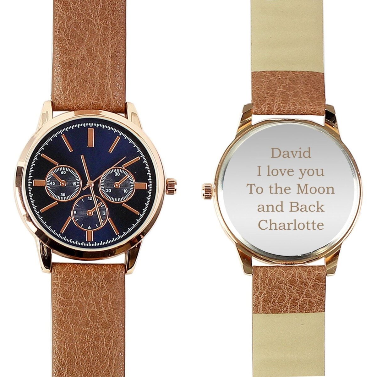 Personalised Mens Rose Gold Tone Watch with Brown Strap and Presentation Box: 6 - Watches By Gift Moments