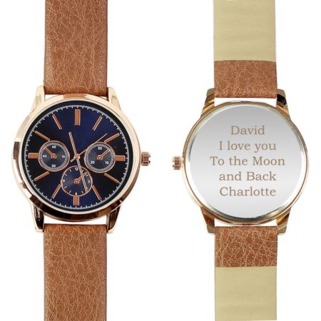 Personalised Mens Rose Gold Tone Watch with Brown Strap and Presentation Box: 6 - Watches By Gift Moments