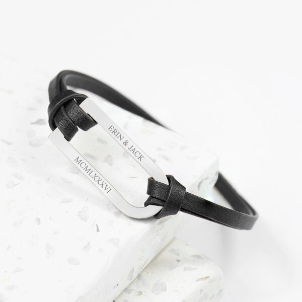 Personalised Men’s Shoreditch Silver Bar Leather Bracelets: 1 - Black - Bracelets By Gift Moments