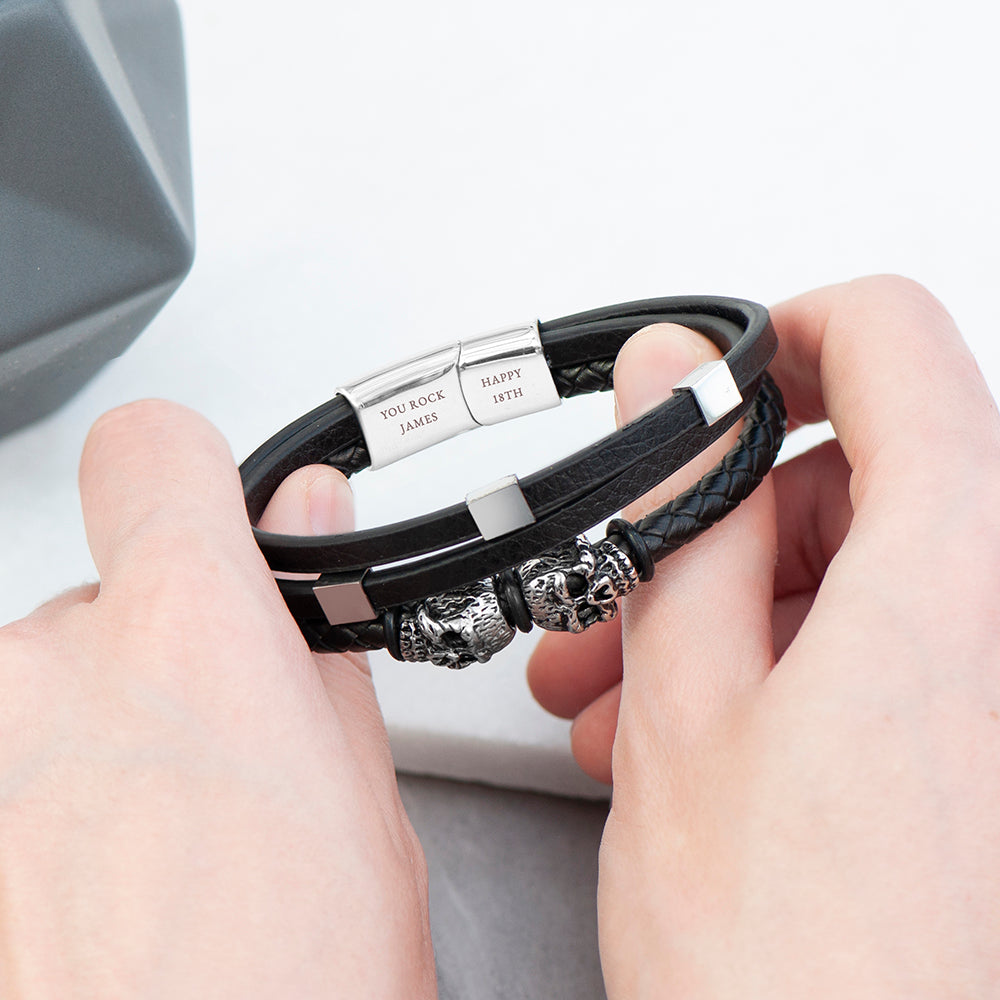 Personalised Men’s Skulls Leather Rope Bracelet: 1 - Bracelets By Gift Moments