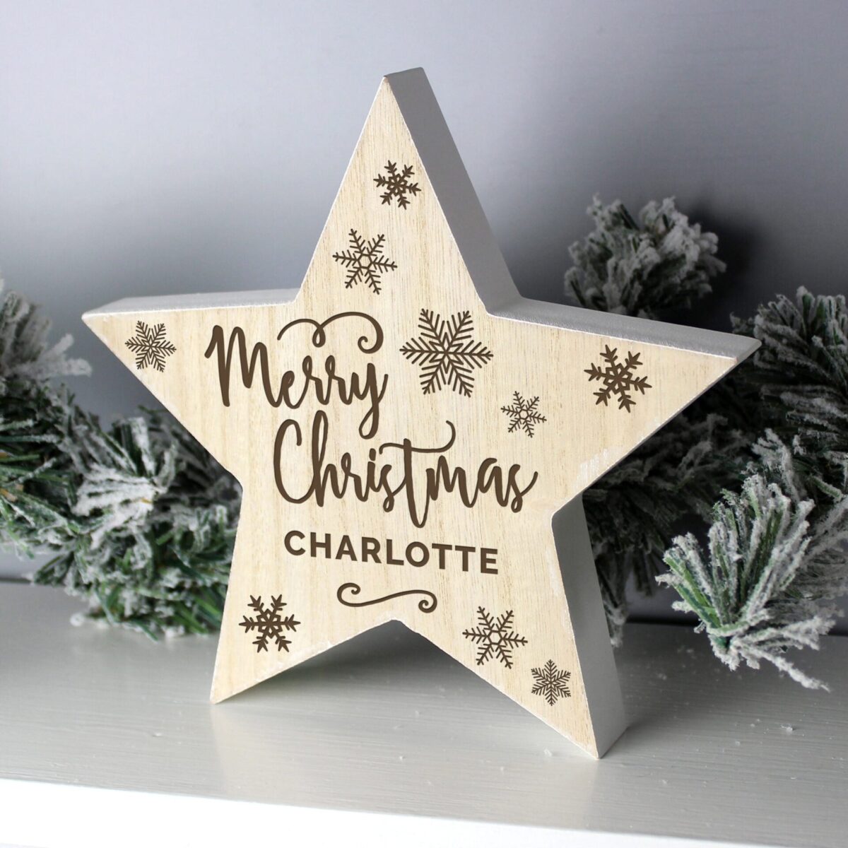Personalised Merry Christmas Rustic Wooden Star Decoration: 3 - Christmas Decorations By Gift Moments