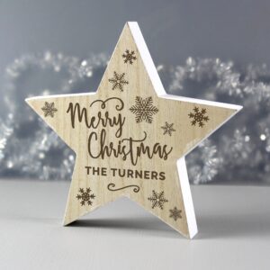 Personalised Merry Christmas Rustic Wooden Star Decoration: 2 - Christmas Decorations By Gift Moments