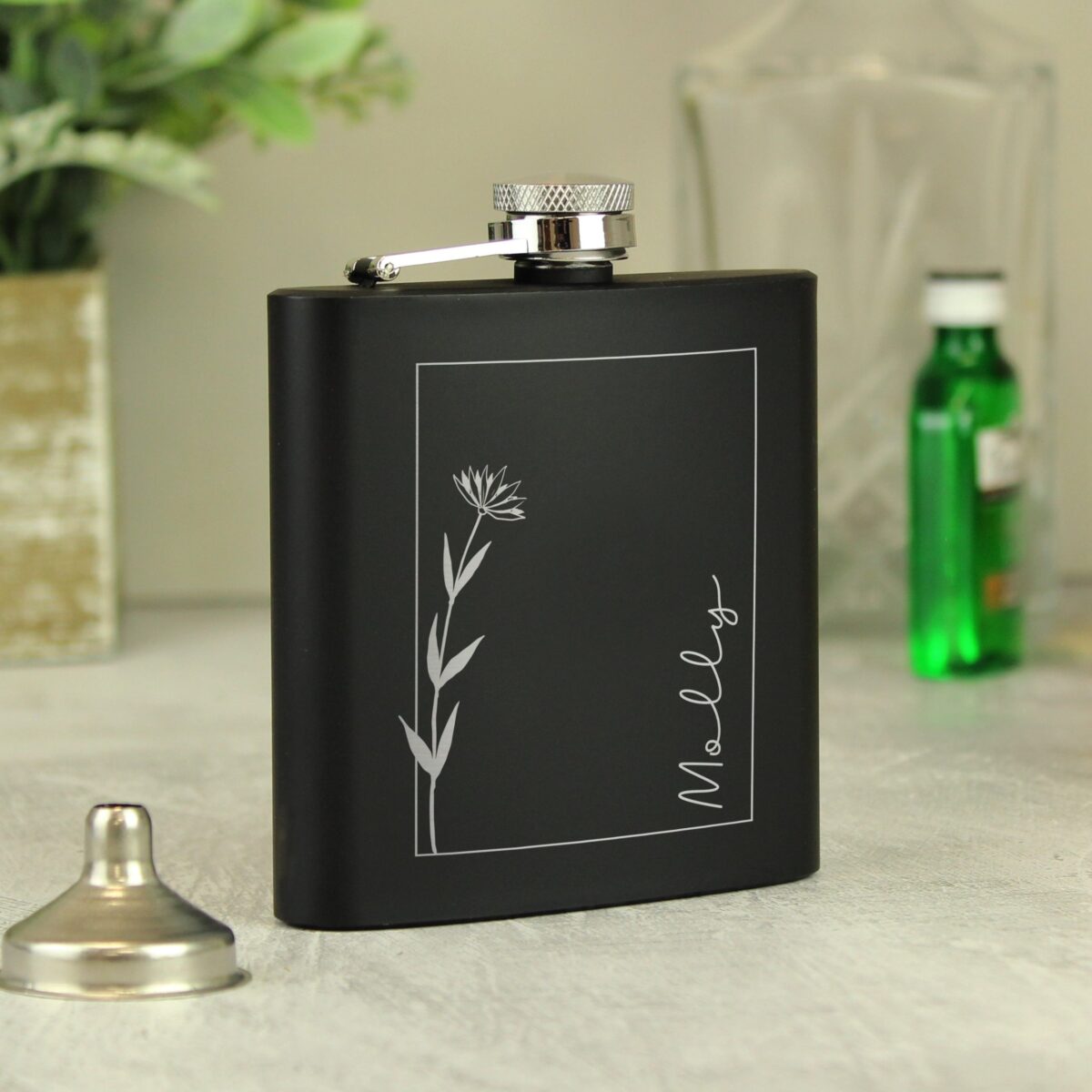 Personalised Monochrome Floral Name Black Hip Flask: 1 - Hip Flasks By Gift Moments
