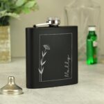 Personalised Monochrome Floral Name Black Hip Flask: 1 - Hip Flasks By Gift Moments
