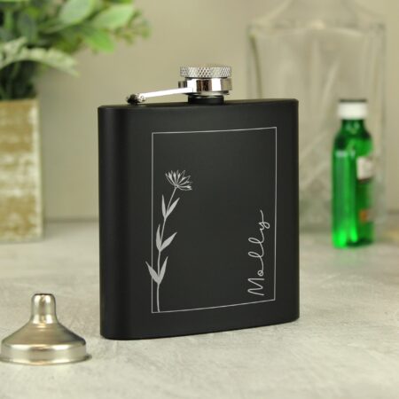 Personalised Monochrome Floral Name Black Hip Flask: 1 - Hip Flasks By Gift Moments