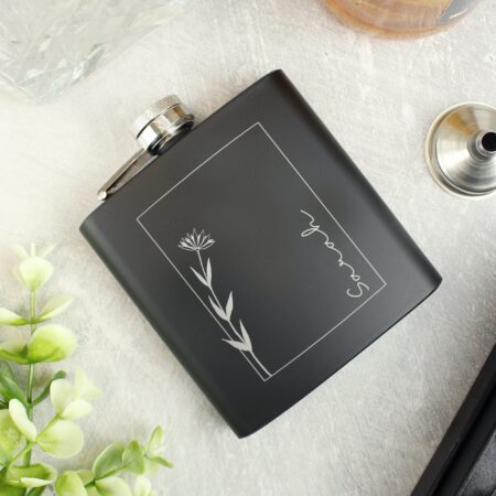 Personalised Monochrome Floral Name Black Hip Flask: 3 - Hip Flasks By Gift Moments