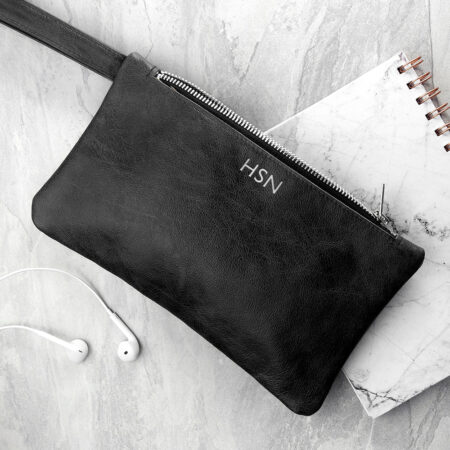 Personalised Monogram Black Leather Clutch Bag: 1 - Silver - Bags & Purses By Gift Moments