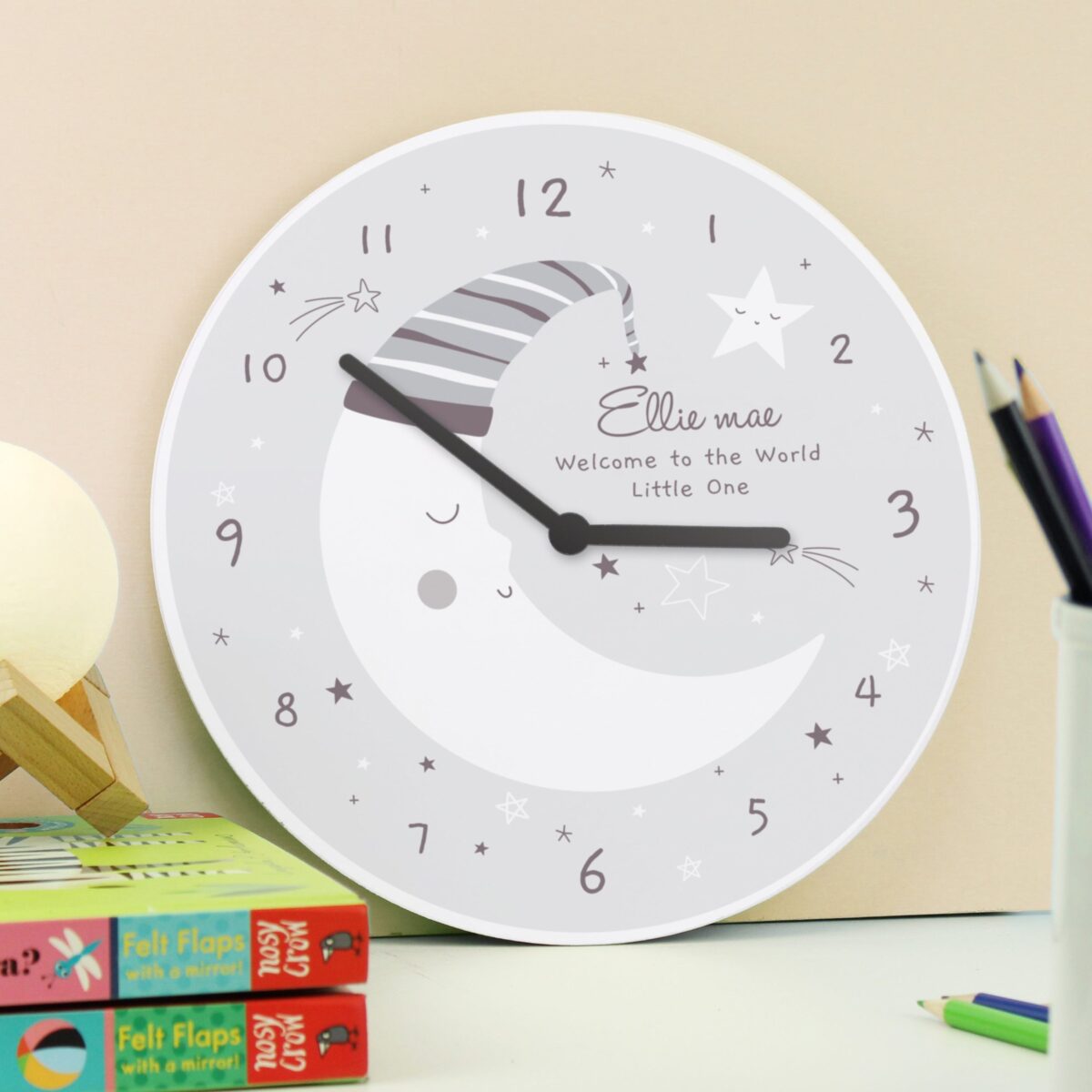 Personalised Moon Nursery Wall Clock: 1 - Clocks By Gift Moments