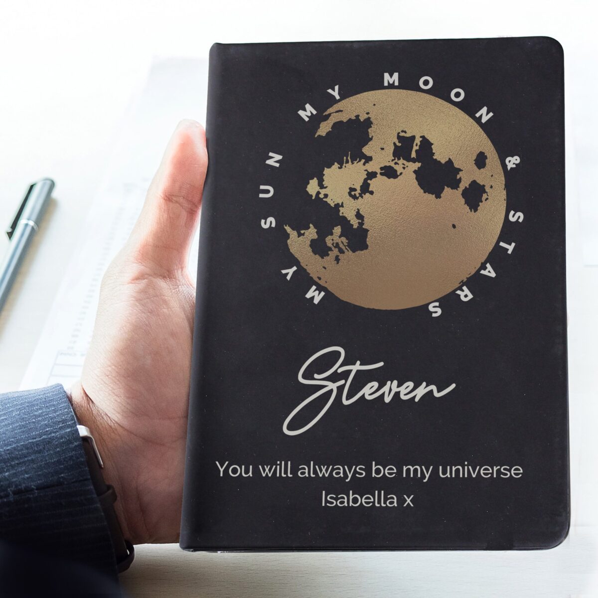 Personalised Moon & Stars Black Hardback Notebook: 4 - Notebooks By Gift Moments