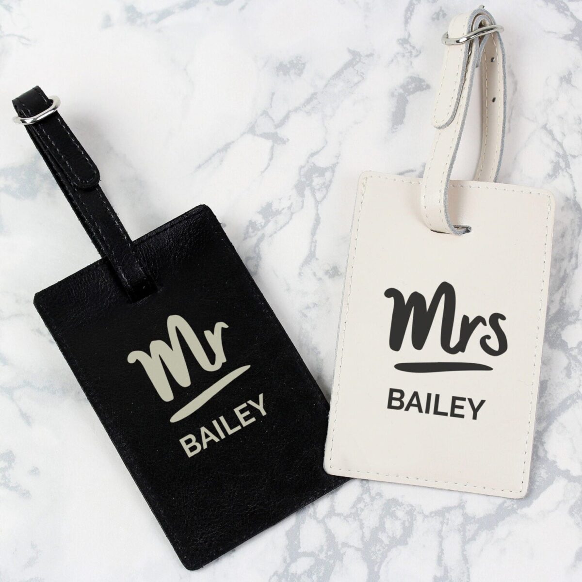 Personalised mr mrs black cream luggage tag set