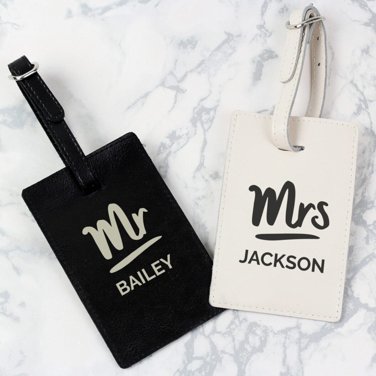 Personalised mr mrs black cream luggage tag set