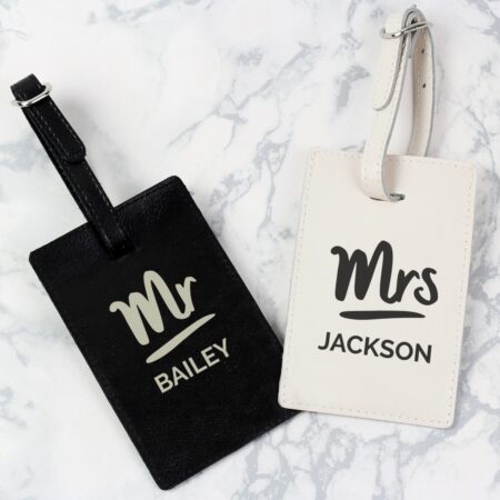 Personalised mr mrs black cream luggage tag set