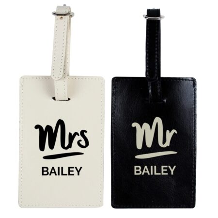 Personalised mr mrs black cream luggage tag set