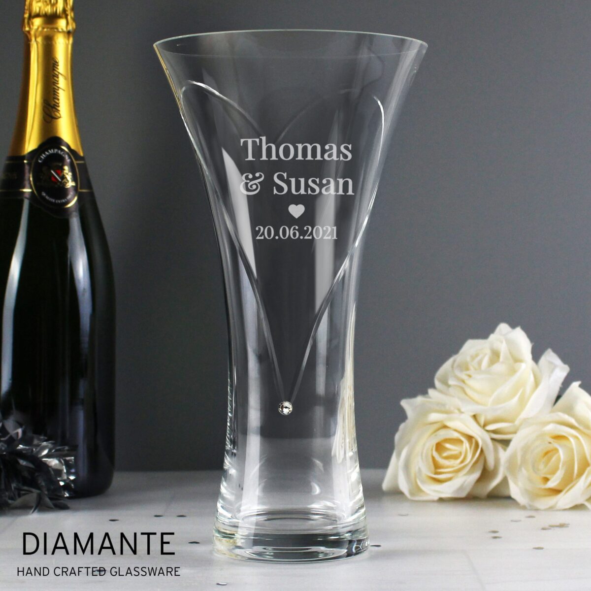 Personalised mr mrs large hand cut diamante heart vase