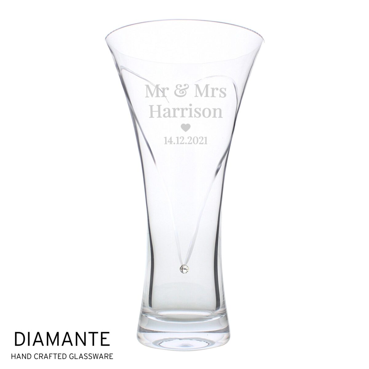Personalised mr mrs large hand cut diamante heart vase