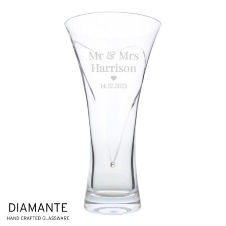Personalised mr mrs large hand cut diamante heart vase