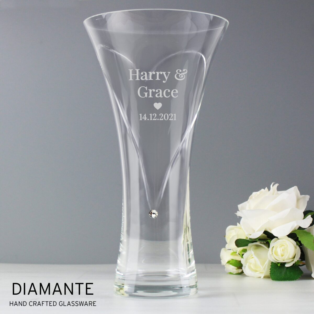 Personalised mr mrs large hand cut diamante heart vase