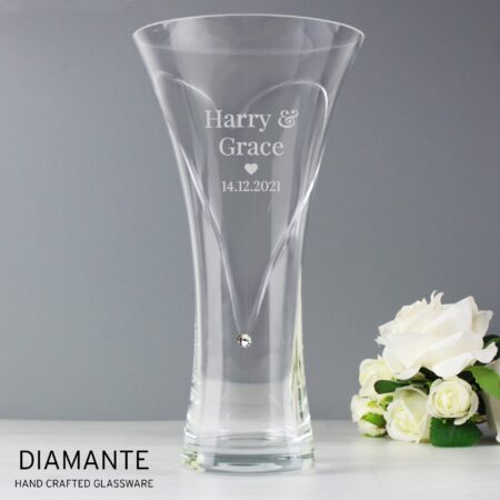Personalised mr mrs large hand cut diamante heart vase