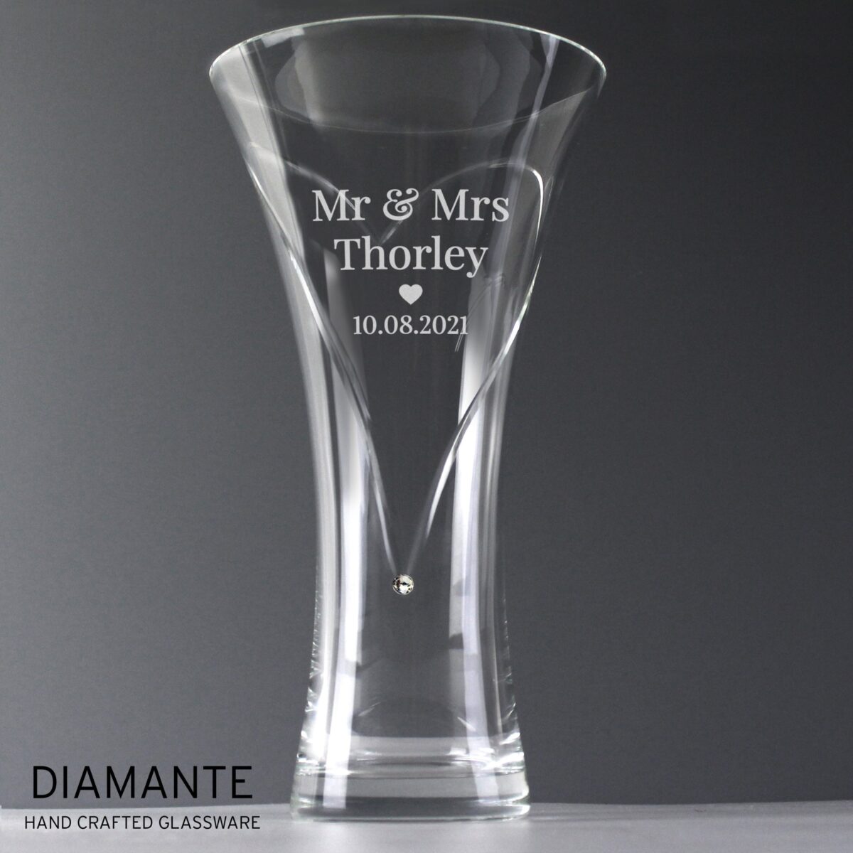 Personalised mr mrs large hand cut diamante heart vase