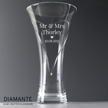 Personalised mr mrs large hand cut diamante heart vase