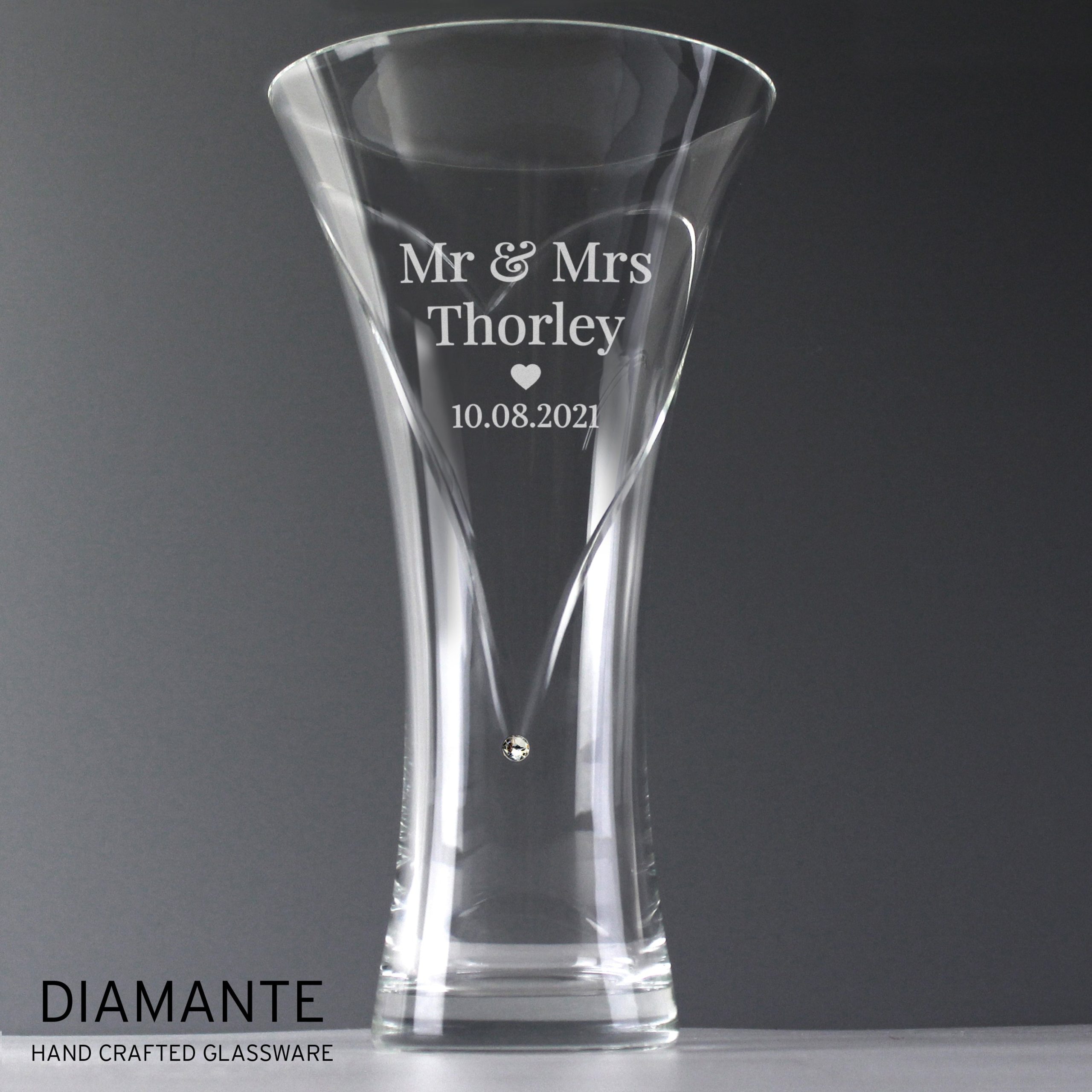 Personalised mr mrs large hand cut diamante heart vase