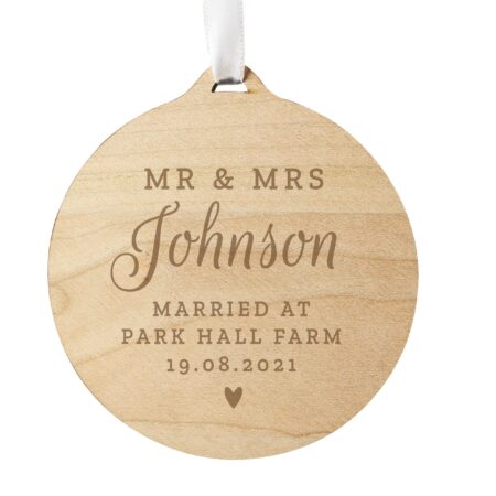 Personalised Mr & Mrs Round Wooden Decoration: 4 - Decorations By Gift Moments