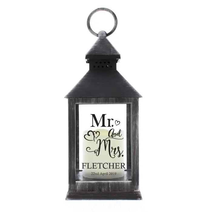 Personalised Mr and Mrs Rustic Black Lantern: 4 - LED Lighting By Gift Moments