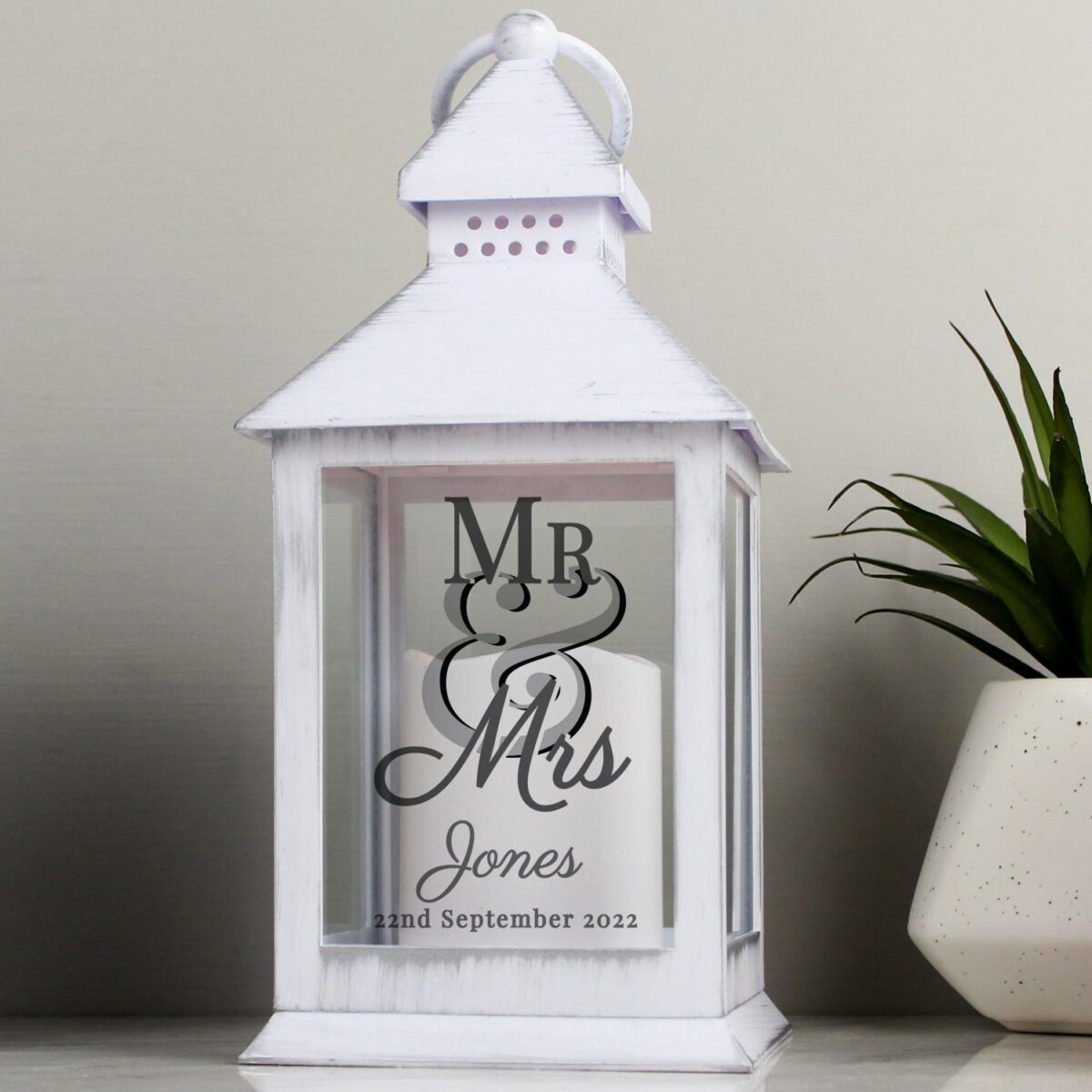 Personalised Mr & Mrs White Lantern: 1 - LED Lighting By Gift Moments