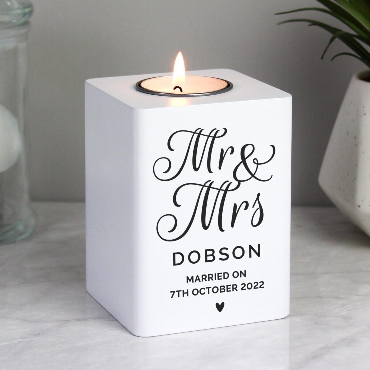 Personalised mr mrs white wooden tea light holder