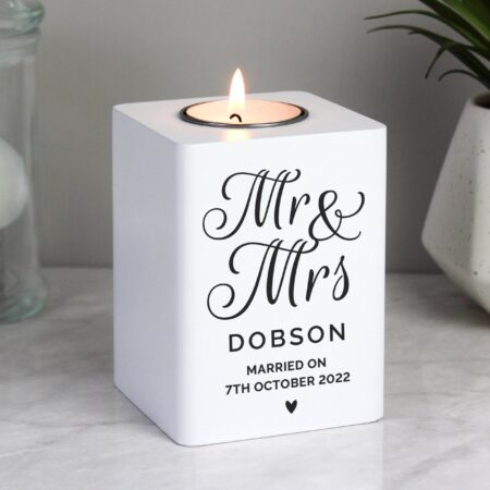 Personalised mr mrs white wooden tea light holder